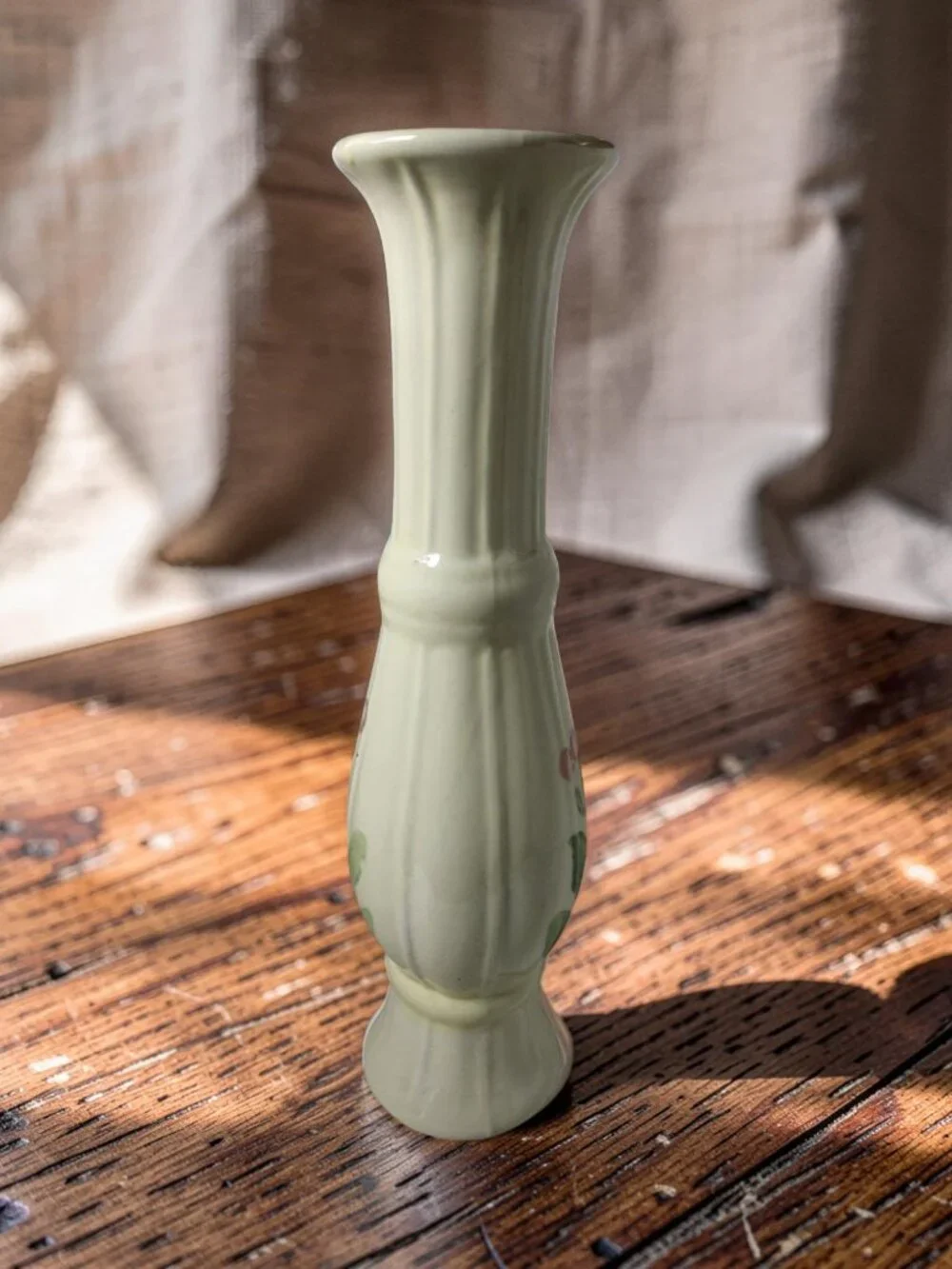 Vintage 1981 FTDA Ivory Ceramic Slender Tall Hand Painted Floral Motif Vase